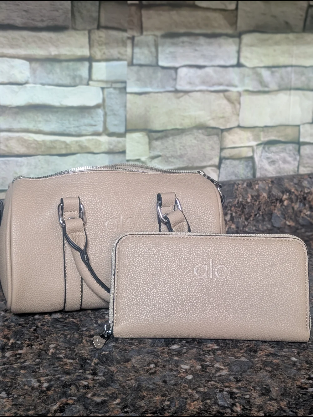 Alo Beige Pebbled Leather Satchel and Wallet Set
